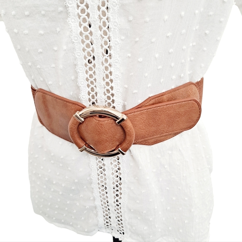 Womens elastic corset wide brown faux leather corset stretch boho waist belt - Picture 5 of 13